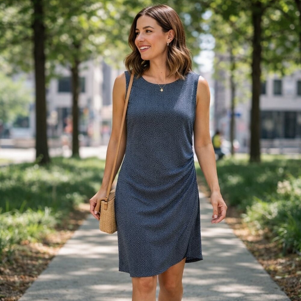 Loft Blue & Gray Flattering Ruched Lined Tank Dress - Size Large